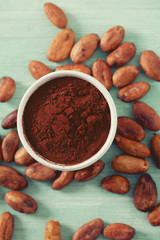 cocoa powder and beans on turquoise surface