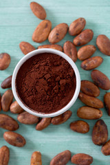 cocoa powder and beans on turquoise surface