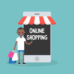 Mobile online shopping concept. young cheerful black guy standing with shopping bags under the awning / editable flat vector clip art