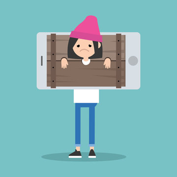 Cyberbullying conceptual illustration. young girl standing locked in the wooden pillory / editable flat vector illustration