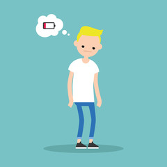 low battery conceptual illustration. young exhausted blond boy thinking about charging / flat editable vector illustration