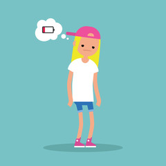 low battery conceptual illustration. young exhausted blond girl thinking about charging / flat editable vector illustration