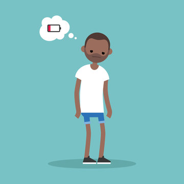 low battery conceptual illustration. young exhausted black man thinking about charging / flat editable vector illustration