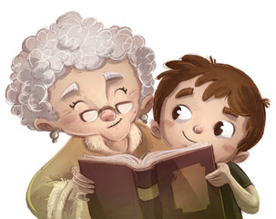 niño leyendo un libro con abuela
