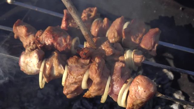 Delicious fresh pork kebab grilled outside
