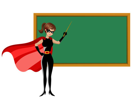 superhero woman stick teaching blackboard isolated