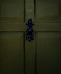 Green door with brass knocker in decorative shape, beautiful home entrance, vintage decor