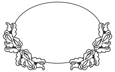 Black and white oval frame with floral silhouettes. Copy space. Vector clip art.
