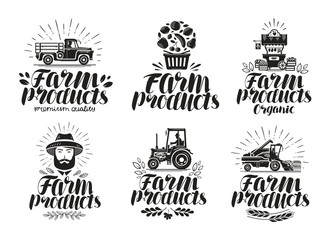 Fototapeta premium Farm products, label set. Farming, agriculture logo or icon. Lettering vector illustration