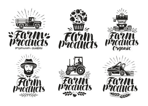 Farm products, label set. Farming, agriculture logo or icon. Lettering vector illustration
