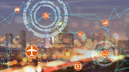 internet of things technology concept with line connection over night modern city background