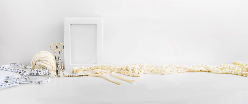 Header, banner for site design. Needlework, handmade. knitting and crocheting, yarn. Horizontal format, space for text