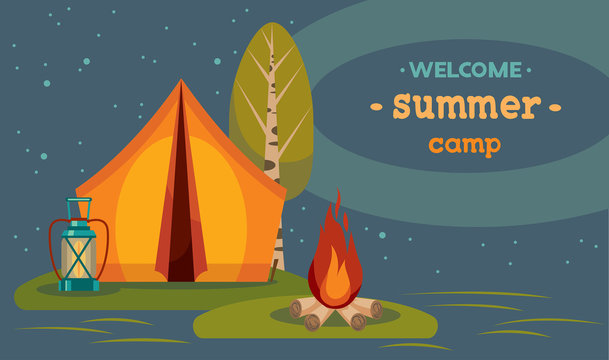 Summer camping - tent and campfire at night.