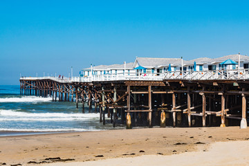 Crystal Pier in Pacific Beach, used for fishing and vacation cottages, located in San Diego, California.  