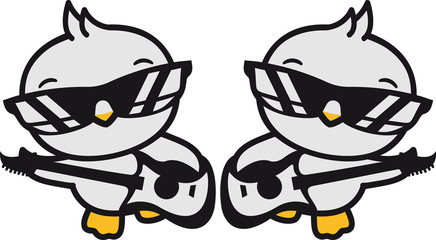 team 2 freunde duo paar heavy metal band hard rock elektro gitarre spielen leader musik cool party konzert küken süß niedlich klein baby kind ente vogel comic cartoon