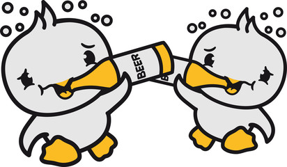 team 2 freunde anstoßen bier trinken saufen party feiern alkohol betrunken durst flasche küken süß niedlich klein baby kind ente vogel comic cartoon