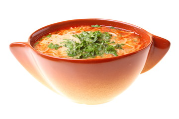Tomato soup, parsley isolated white background