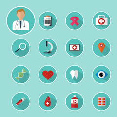 Flat design with long shadow of medical icons and medical equipments tools. Vector illustration healthcare and medical concept design.