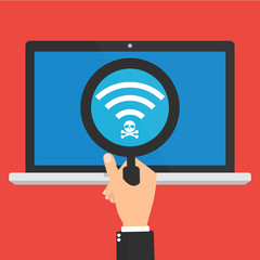 Businessman hand hold a magnifying glass found a computer laptop connect to unsecured public wireless hotspot. Vector illustration business cybercrime concept.