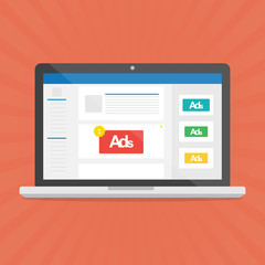 Computer laptop with social media advertising website.Vector illustration social ads digital marketing concept.