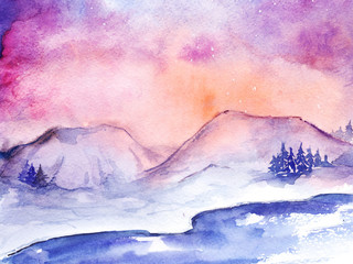 Watercolor nothern lights nature snow winter landscape