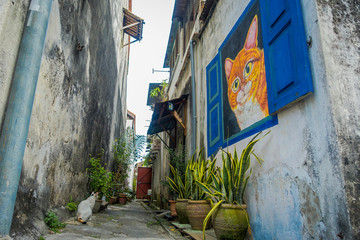 Real cat and a colorful street art graffiti cat in George Town, Malaysia