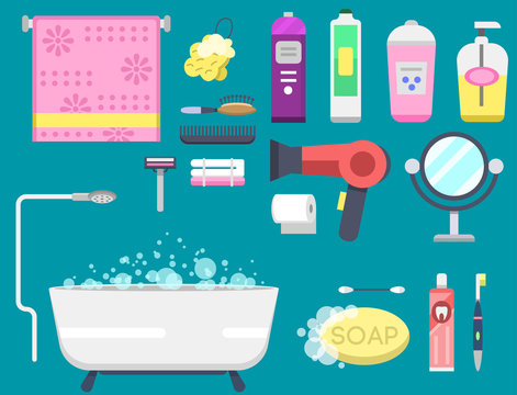 Bath equipment icons modern shower colorful illustration for bathroom interior hygiene vector design.