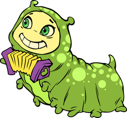 Cartoon illustration of a funny green caterpillar with accordion in her hands