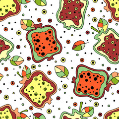 Seamless vector hand drawn childish pattern with fruits. Cute childlike pomegranate with leaves, seeds, drops. Doodle, sketch, cartoon style background. Line drawing Endless repeat swatch
