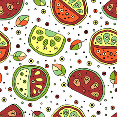 Seamless vector hand drawn childish pattern with fruits. Cute childlike watermelon with leaves, seeds, drops. Doodle, sketch, cartoon style background. Line drawing Endless repeat swatch