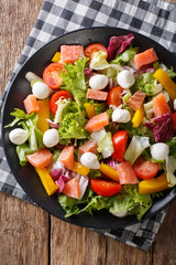 Salad with salmon fish, mozzarella cheese and fresh vegetables close-up. Vertical top view