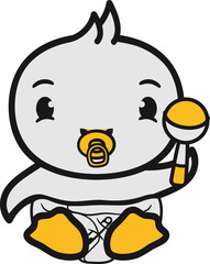 schnuller windel rassel spielen küken süß niedlich klein baby kind ente vogel comic cartoon