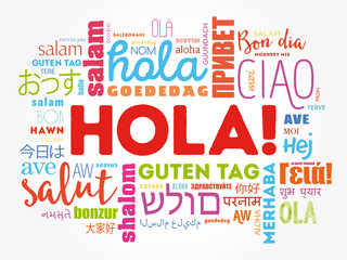 Hola! (Hello Greeting in Spanish) word cloud in different languages of the world, background concept