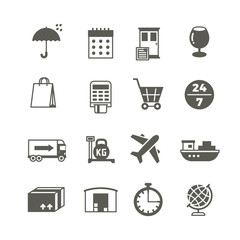 Global delivery, shipping truck and package vector icons