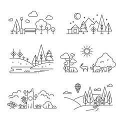 Icônes de contour de paysage naturel avec arbre, plantes, montagnes, rivière