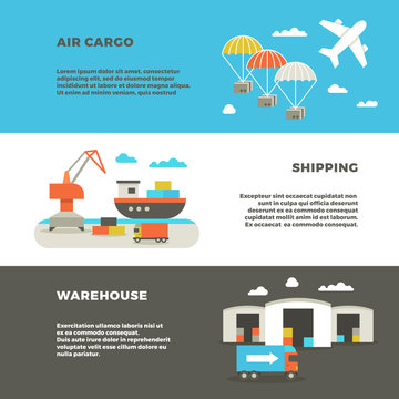 Delivery cargo transportation and logistics service vector advertising banners