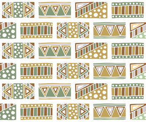 Seamless vector pattern. Geometrical background with hand drawn decorative tribal elements in vintage brown colors. Print with ethnic, folk, traditional motifs. Graphic vector illustration. - 146023136