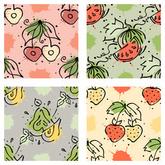 Vector fruits seamless pattern Watermelon, cherry, strawberry, berry, pear with leaves, blots, drops splash Hand drawn contour lines and strokes Doodle sketch style graphic vector drawing illustration