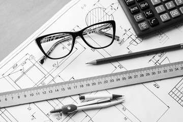 Engineering drawing equipment, paper, ruler and pencil