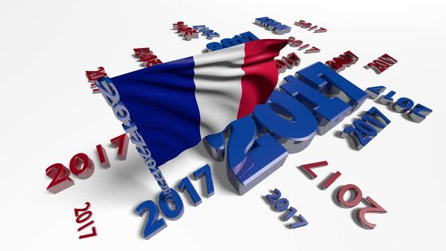 Close up on French flag in the wind with 2017 designs on a white background