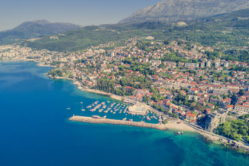 Top view of the beautiful city with a marina