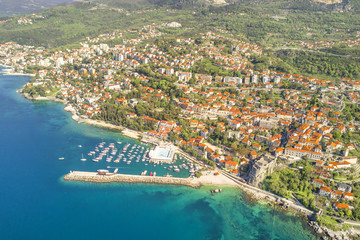 Fototapeta premium Top view of the beautiful city with a marina