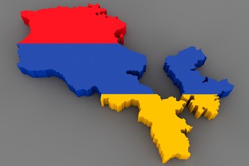 Country shape of Armenia - 3D render of country borders filled with colors of Armenia flag isolated on grey background