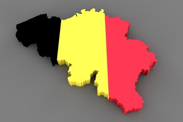 Country shape of Belgium - 3D render of country borders filled with colors of Belgium flag isolated on grey background