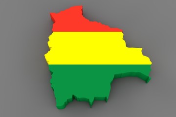 Obraz premium Country shape of Bolivia - 3D render of country borders filled with colors of Bolivia flag isolated on grey background