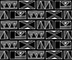 Seamless vector pattern. Black and white geometrical background with hand drawn decorative tribal elements. Print with ethnic, folk, traditional motifs. Graphic vector illustration.