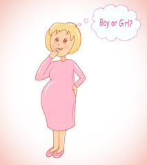 Illustration of pregnant woman wondering if she's having a baby girl or a boy