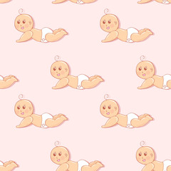 Cute little baby in diaper lying on the floor illustration
