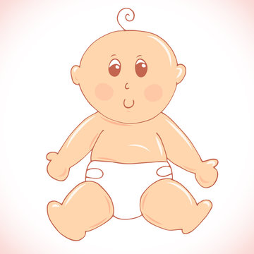 Cute little baby in diaper sitting on the floor illustration