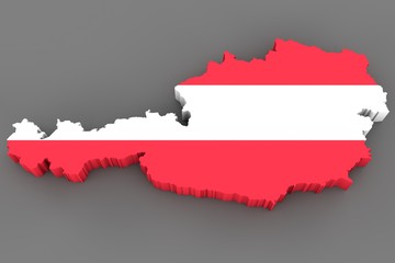Country shape of Austria - 3D render of country borders filled with colors of Austria flag isolated on grey background